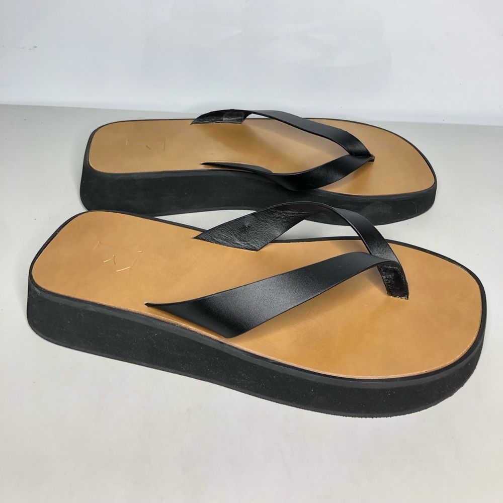 Flattered Platform Black Leather Flip Flops Wedge Sandals Women Sz 41EU/10.5M US